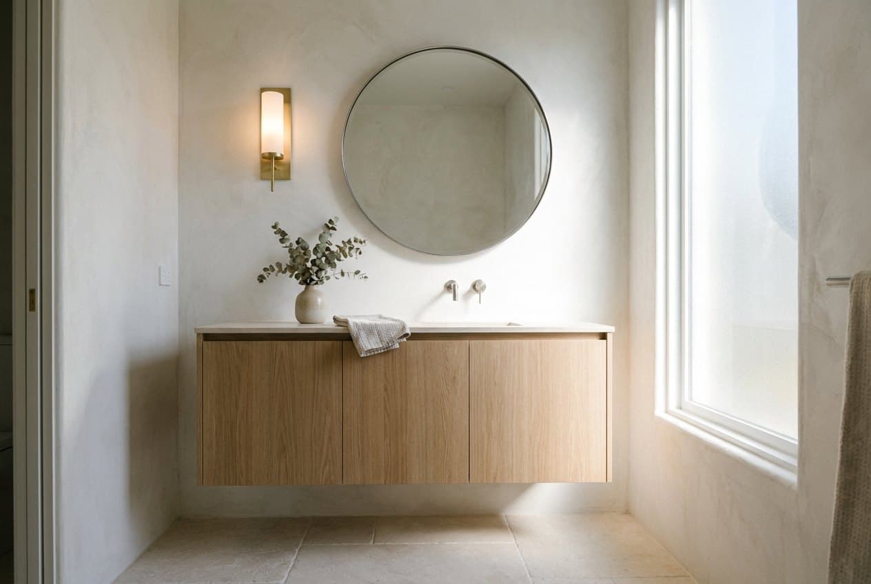 Floating vanity with vessel sink and clean tile