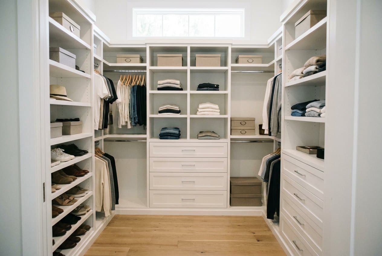 Built-in media unit with cabinetry and open shelving