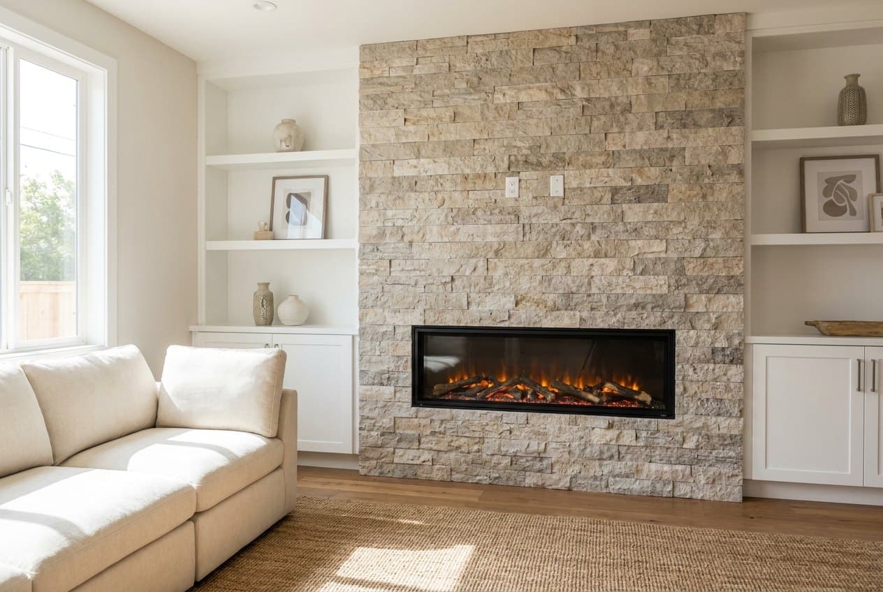 TV media wall with concealed wiring and floating shelves