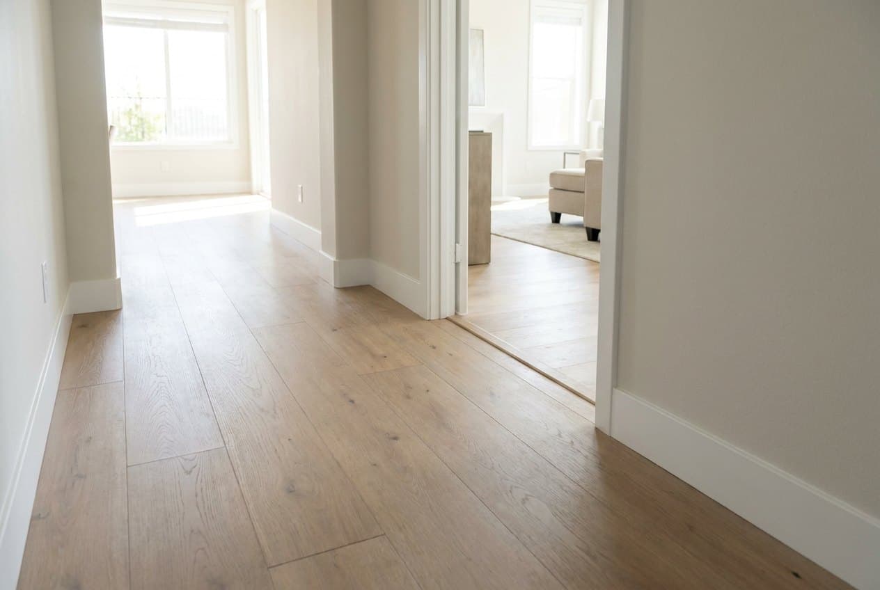 Luxury vinyl plank flooring installed through an open living area